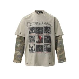 thumbnail for 2025 New American Retro Camouflage Fake Two Long Sleeve T-Shirts Summer Heavy Men's and Women's Loose Casual Tops