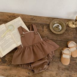 thumbnail for 2025 new foreign baby girl suspender crawling suit fart wrap baby haha dress + doll collar shirt two-piece set