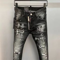 thumbnail for Spring and Summer 2025 New D2 Trendy Men's Washed Grinding Patch Paint Slim-fit Micro-elastic Leg Black Jeans for Men