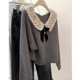 thumbnail for Grey Lapel Bow Pullover Sweater Women&#039;s Autumn and Winter 2025 Winter New Style Small Knitted Sweater Top Thickened