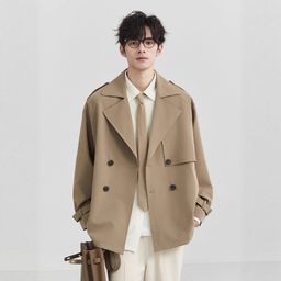 thumbnail for Manufacturer directly supplied spring and autumn high-end short double-breasted trench coat men's Korean version of casual loose mid-length top