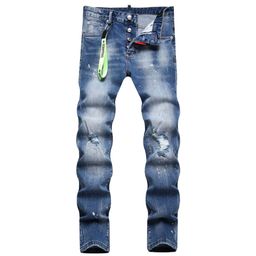 thumbnail for Fall 2023 New Street Trend Men's Jeans Fashion Hanging Trend Paint Throwing Slim Foot Medium Rise Trousers