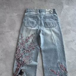thumbnail for Derschutze European and American vintage plum blossom embroidery straight pants for men and women versatile personality street fashion jeans cross-border