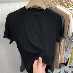 thumbnail for TikTok Explosions Round Neck Short-sleeved T-shirt Women's 2024 Summer New Thread Elastic Slim-fit T-shirt All-match Simple Top