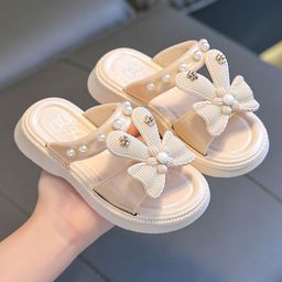 thumbnail for Chinelos para meninas, estilo coreano moderno, sandálias de verão com laço fofo estilo princesa, chinelos infantis para uso interno e externo.