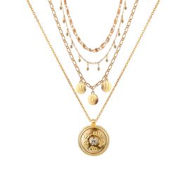 thumbnail for European and American cross-border hot sales head necklace set light luxury temperament embossed round brand pendant OT buckle multi-layer metal necklace