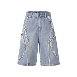 thumbnail for American retro washed, distressed patchwork whiskering denim shorts, unisex trendy brand loose wide-leg cropped pants