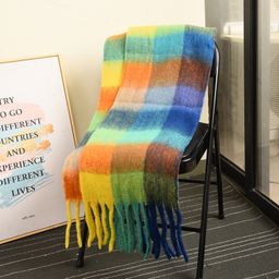 thumbnail for Women's winter scarf double-sided rainbow plaid shawl long seahorse fur color-block scarf with men's tassels