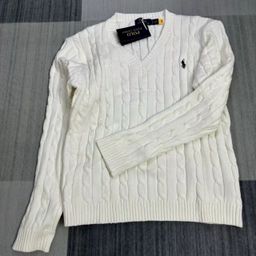 thumbnail for Classic pony label vintage grey V-neck twist embroidered wool pullover base knit sweater drop-off i