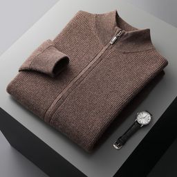 thumbnail for Men&#039s pure wool cardigan ingot needle zipper thickened turtleneck solid color long sleeve autumn and winter New wool knitted cardigan