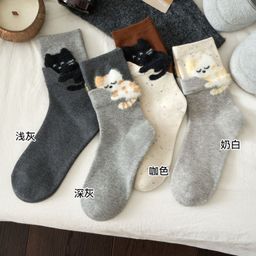 thumbnail for Cartoon Cute Cat Socks for Women, Autumn and Winter New Mid-Tube Cotton Socks, Trendy Korean Style Versatile Floor Socks