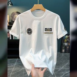 thumbnail for Camiseta masculina de manga curta estampada de luxo leve europeia de alta qualidade com estampa de bordado de remendo, camiseta masculina de verão, top ins.