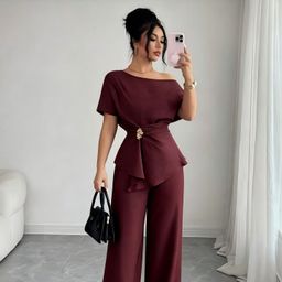 thumbnail for 欧美跨境女装 斜肩金属装饰扭结上衣阔腿裤两件套 宴会聚会套装