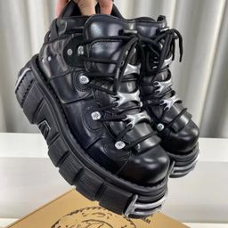 thumbnail for European vintage Spain new punk shoes rock dark leather shoes unisex high-top flatform platform shoes tide