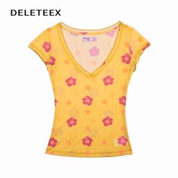 thumbnail for Sunburn series floral print snowflake knitted stretch short sleeve deep V-neck slim basic T-shirt