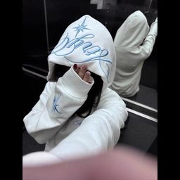 thumbnail for White and Gray Embroidered Hooded Sweatshirt Trendy Men's High Street Fashion Brand Loose Niche Design Long-Sleeve Top Couple's Outfit