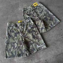 thumbnail for Cross-border American retro camouflage trendy brand street embroidery full print denim shorts men's loose Harajuku washed cropped pants