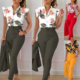 thumbnail for Amazon Aliexpress 2023 European and American New Fashion Printed Lotus Leaf Sleeve Top Pure Color Pants Suit with Belt