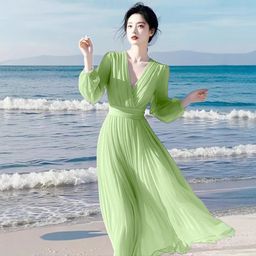 thumbnail for This Year's Popular Super Fairy Purple Dress Women's Long-Sleeved Elegant Draped Slimming Big Swing Sea Vacation Long Dress
