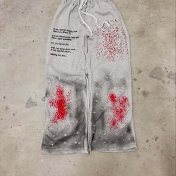 thumbnail for American Gothic Old Inkjet Painted Lettering Printed Double Layer Athletic Casual Pants Men's Loose Hip Hop Rap Street