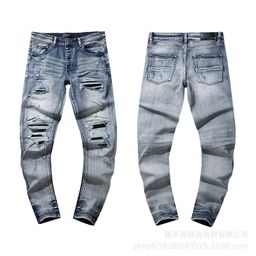 thumbnail for Cross-Border European and American Trendy Brand Embroidered Ripped Patch Casual Denim Trousers for Men and Women High Street Distressed Jeans