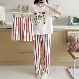 thumbnail for Summer short-sleeve pajamas for women, three-piece set, new cotton faux cotton milk silk, cute girly three-piece homewear
