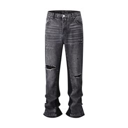 thumbnail for European and American foreign trade three-dimensional tailoring loose baggy ripped whisker micro flared pants jeans jeans