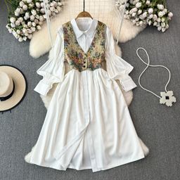 thumbnail for Gentle Style Lantern Sleeve Laps Waist Slimming Single-Breasted A- Line Shirt Dress Two-Piece V-Neck Vest Jacket