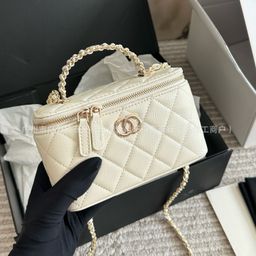 thumbnail for 小香风珍珠手柄链条盒子包时尚高级感真皮菱格手提单肩斜跨化妆包