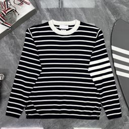 thumbnail for Factory Store High-End Version Spring and Autumn New Style Fine Four-Stripe Striped Long-Sleeve Color-Block Knit Crew Neck Sweater for Men and Women