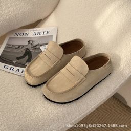 thumbnail for Cross-mirror couple retro-style nubuck leather toe half slippers Lazy platform soles for comfortable four-season bo&ken shoes