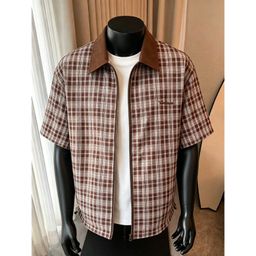 thumbnail for Source Factory American vintage color-blocking plaid short-sleeve shirt for men and women, new summer loose Japanese zipper