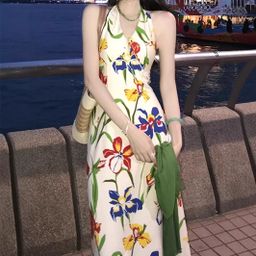 thumbnail for [Hong Kong Island Diary] Hong Kong style halterneck dress women's summer retro temperament thin backless long skirt