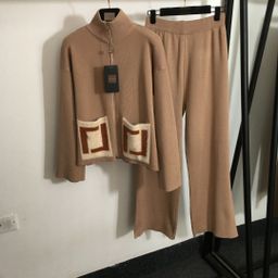 thumbnail for Nanyou Classy Export F Letter Color Matching Double Flap Pocket Pants Long-Sleeved Knitted Cardigan Zipper Jacket + High-Waisted Wide-Leg Pants