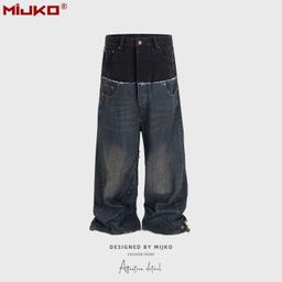 thumbnail for MIJKO Men's Cat Whisker Wreak Pants Unisex CUT-UP Double Waist Panel Baggy Jeans