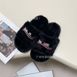 thumbnail for High-End Foreign Trade Paris-Style Furry Slippers for Women, Outdoor Wear, Letter Embroidery, Thick-Soled Lamb Wool, Autumn and Winter Flat Slippers