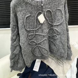thumbnail for LOE premium gray cropped sweater design lantern sleeves three-dimensional line knitted top crew neck pullover sweater