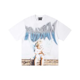 thumbnail for 2025s cross-border EM American trendy brand angel retro hot diamond logo hip-hop loose short sleeve full print couple T-shirt