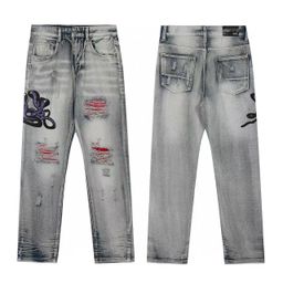 thumbnail for [Cross-Border Exclusive] Am High Street Fashion Brand Heavy-Duty Washed Ripped Jeans Original Design Embroider Same Style for Men and Women