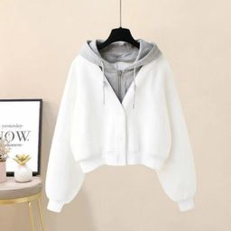 thumbnail for Hua Mian Composite# Hooded Fake Two-piece Short Sweater Autumn Women Stitching Design Sense Niche Small Cardigan Jacket