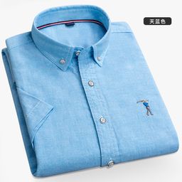 thumbnail for Nova camisa de verão de manga curta para homens, cor sólida, tecido Oxford, casual, bordado, moderna, jovem e de meia-idade, camisa slim curta para homens.