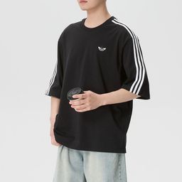 thumbnail for High-Quality Three-Stripe Pure Cotton Round-Neck Fashion Mid-Sleeve T-Shirt for Men and Women, Summer Trendy Loose-Fitting Versatile Top
