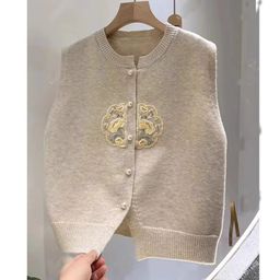 thumbnail for Crewneck Embroidered Guofeng Knitted Cardigan Vest Women&#039;s 2024 Spring New Style Outer Wear New Chinese Sweater Vest