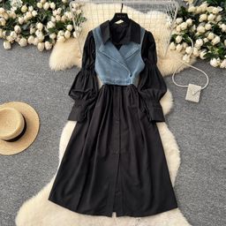 thumbnail for Korean Style Women&#039;s French High-End Puff Sleeve Single-Breasted Shirt Dress + Strappy Waist Denim Vest