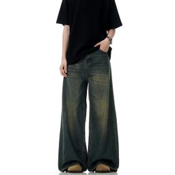 thumbnail for Vintage Yellow Mud Dyed Jeans American Style High Street Baggy Straight Loose Wide Leg Trendy Brand Men&#039;s Washing
