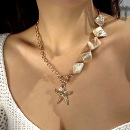 thumbnail for European and American cross-border new starfish shell beaded necklace imitation pearl beaded layered coarse gold necklace niche jewelry women