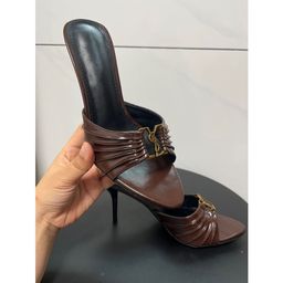 thumbnail for YS letter metal buckle pleated heeled slippers women's stiletto heels sexy open toe sandals pointed toe heels