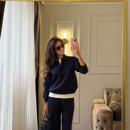 thumbnail for European and American Cross-Border Foreign Trade Autumn and Winter Suit Lapel Button Design Pullover Knitted Top Straight Floor-Length Trousers