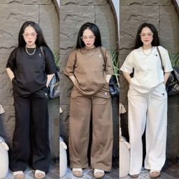 thumbnail for 跨境女士复古套装夏季新款印花短袖宽松阔腿裤休闲两件套东南亚
