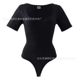 thumbnail for European and American collar one-piece shapewear belly lift, buttocks tight, belly tight, one-piece overall, plus-size short-sleeved cross-border shapewear women